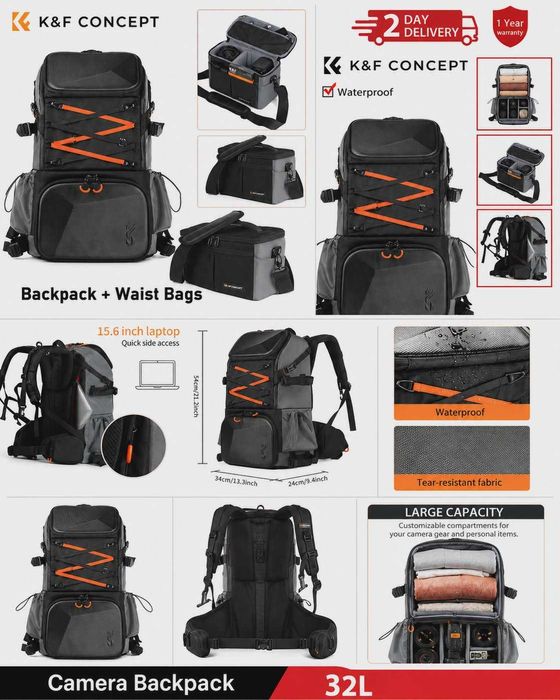 Mochila profissional grande de 32 litros para câmeras DSLR e SLR, com compartimento para laptop de 17 polegadas, à prova d'água.