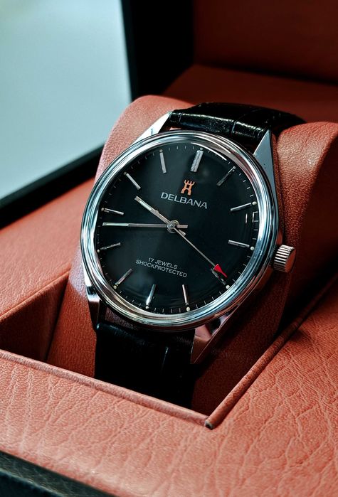 Zegarek Delbana 17 Jewels Shock Protected Czarny z Koroną XXL 39mm "Murzynek" Mechaniczny Szwajcar Vintage Unikat Lata 50 Black Bardzo Rzadki Zobacz
