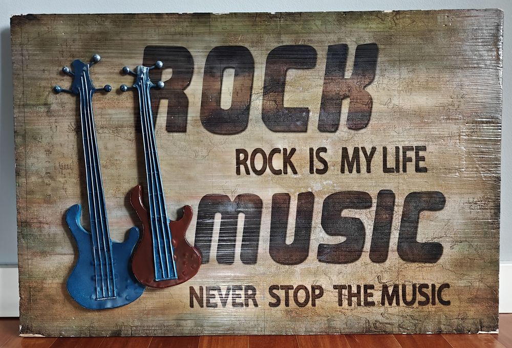 Placa cartaz "rock music" em madeira