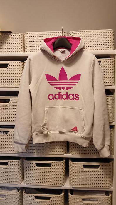 Biała oryginalna bluza adidas z kapturem różowe logo