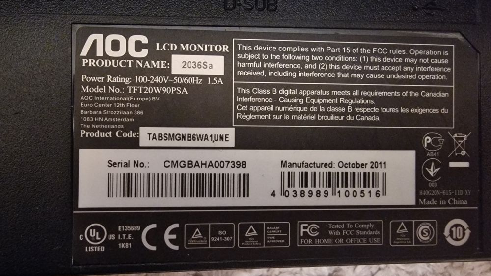 Monitor AOC LCD 20 cali