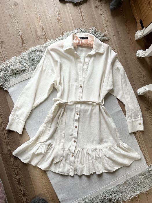 Sukienka boho biała z lnu Zara z paskiem na długi rękaw M