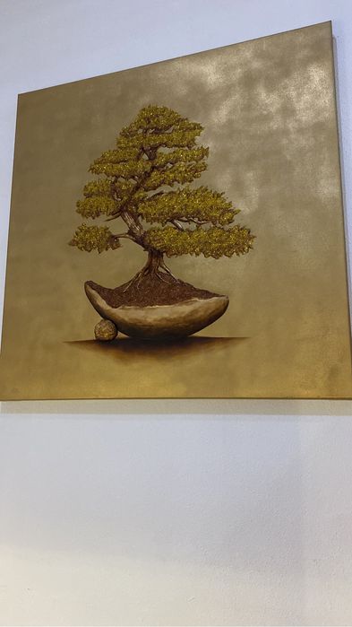 Quadro bonsai pintado a mão com relebo
