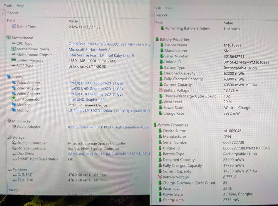 Microsoft Surface Book 2 15/i7-8650u/gtx 1060 6gb/16gb/512m2/win
