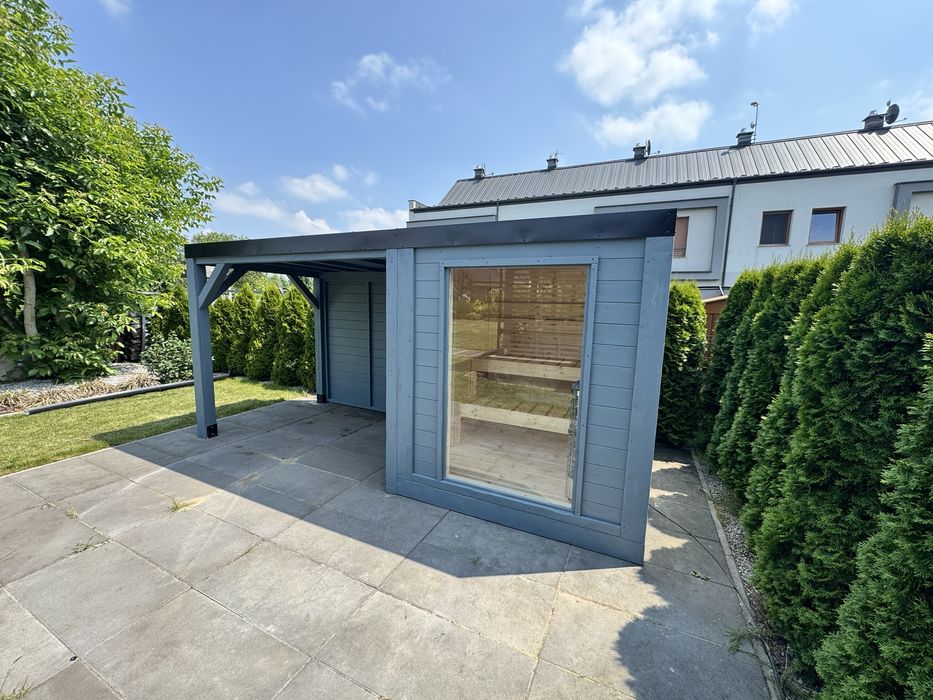 Sauna ogrodowa elektryczna piec Harvia sauna z zadaszeniem balia jacuzzi