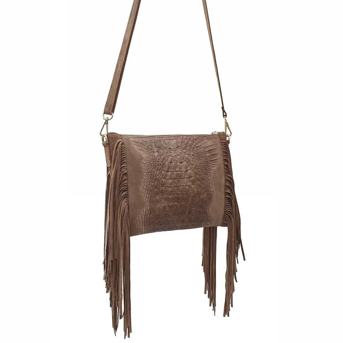 VERA PELLE torebka zamszowa listonoszka z frędzlami V001 chabrowa