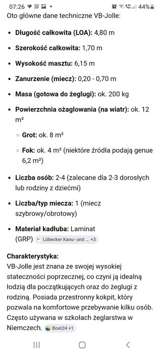 Żaglówka VB 480 turystyczna