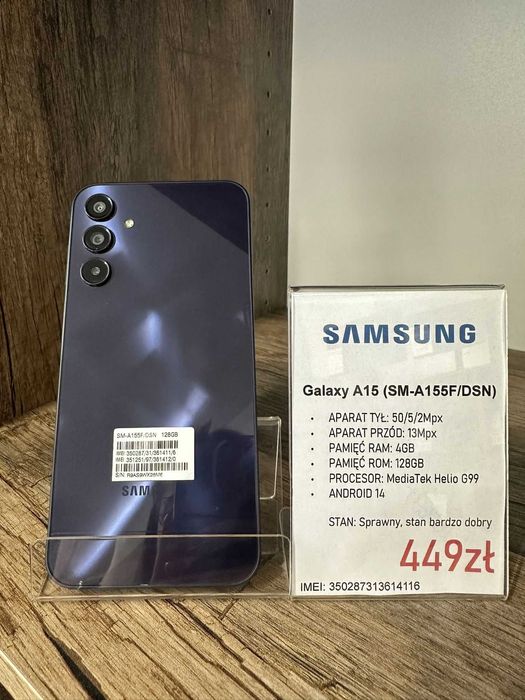 Smartfon Telefon Samsung Galaxy A15 (SM-A155F/DSN) 4/128GB fioletowy stan bdb gwarancja