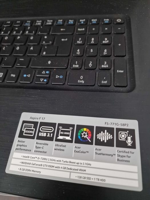 Acer Aspire F 17 i5-7200u GTX 950M 4GB запчастини