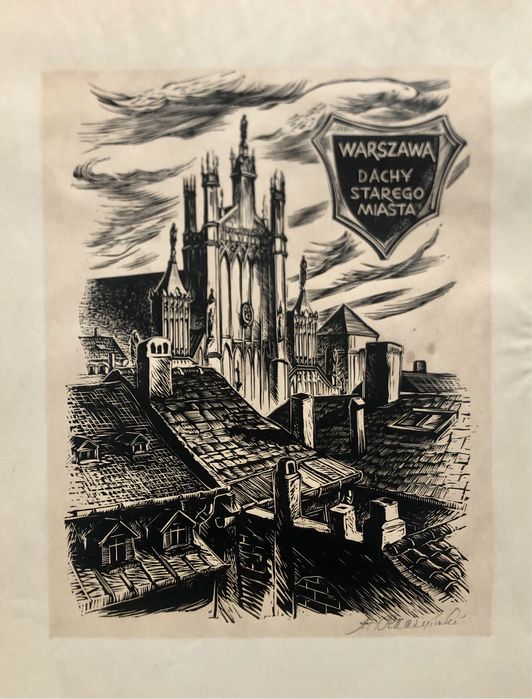 Drzeworyt grafika obraz Warszawa Stare Miasto Stanisław Raczyński