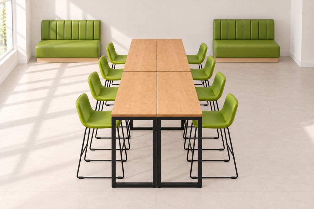 Conjunto para bar/café: 4 bancadas, 8 cadeiras e 2 sofás verdes