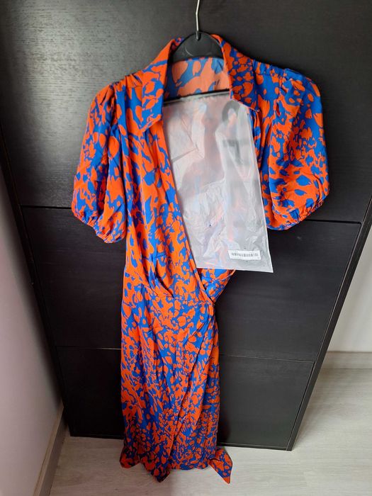 Vestido de  bainha enrolada impressão total manga bufante lado do nó