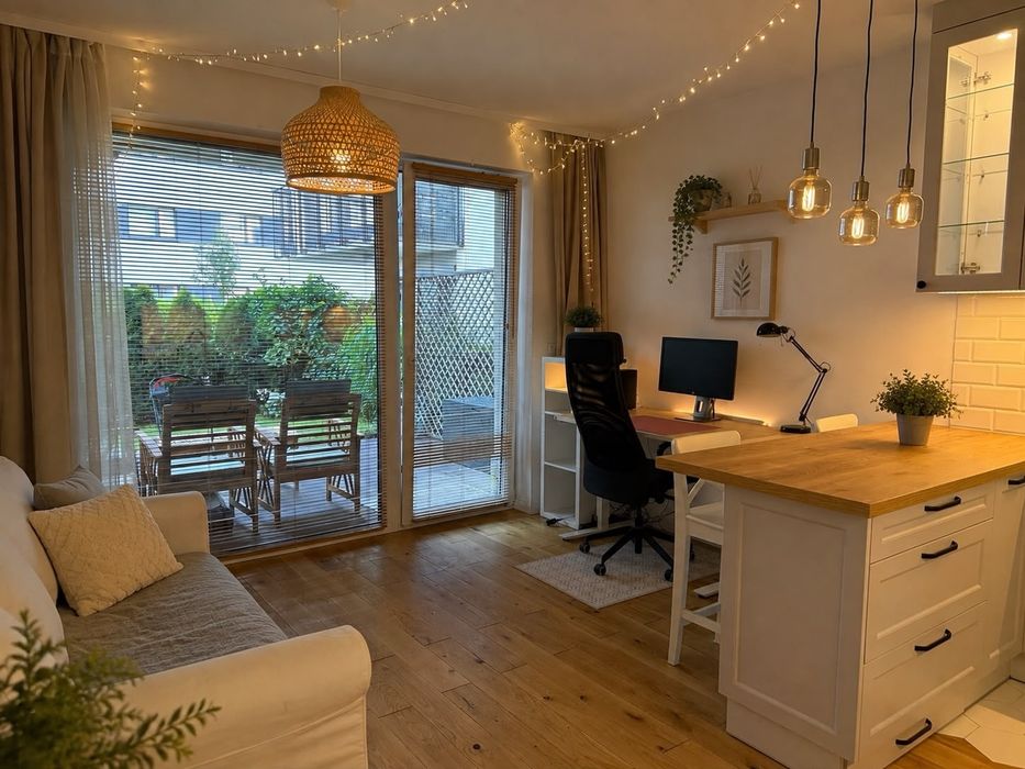 Mieszkanie na wynajem 38 m² | 2 pokoje | prywatny ogródek + taras | 200 m SKM | parking | Wawer, Szpacza