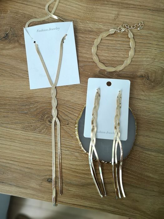 Zestaw biżuterii na prezent złoty gruby długi elegancki naszyjnik kolc