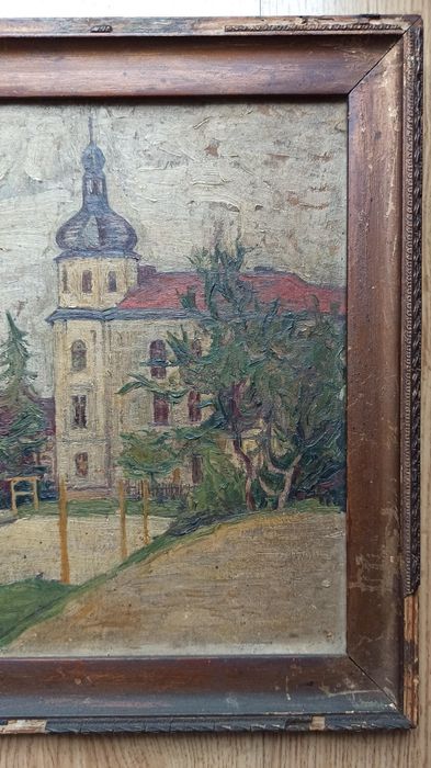 Stary obraz olejny - Architektura / Dworek - Przedwojenny - Klimat