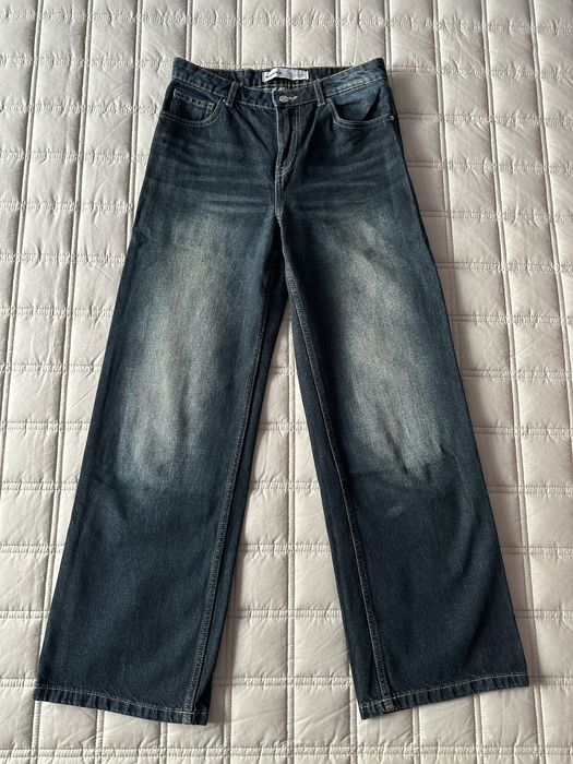ciemno granatowe basic proste luźne baggy jeans Bershka