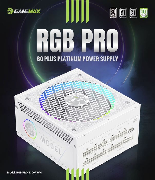 GameMax RGB Pro 1300P 1300W 80+ Platinum ATX3.1,modułowy, biały, Nowy, Gwarancja