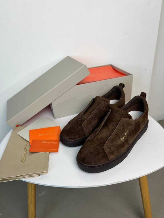 Мужские кожаные кроссовки Santoni замшевые кеды Сантони коричневые