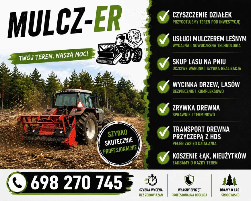 Mulczer leśny - karczowanie działek skup lasu na pniu usługi leśne
