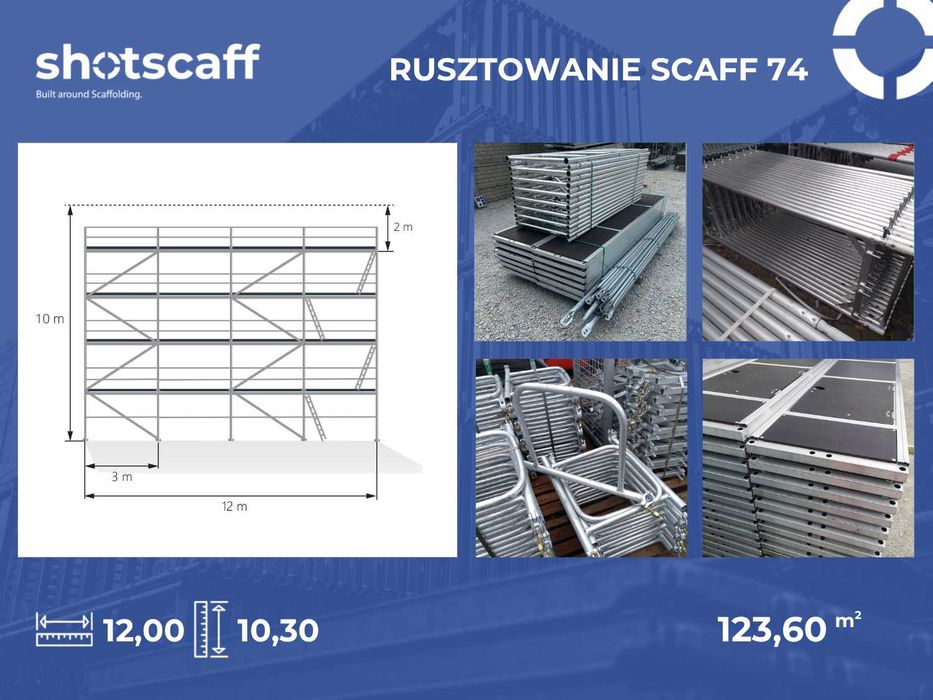 Rusztowanie lekkie Plettac fasadowe aluminiowe ~ 123,60 m2 podest 2m lub 3m wysokość 10,3 m długość 12 m