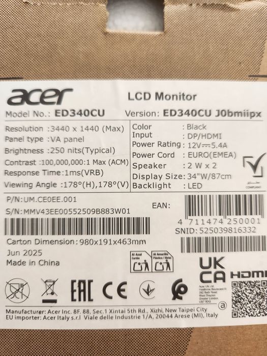 Ecra Acer curvo 34 polegadas