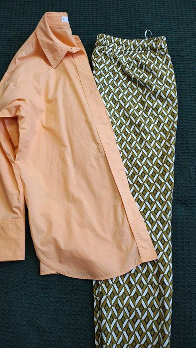 Spodnie damskie brązowe klasyczne zwężane wzór geometryczny