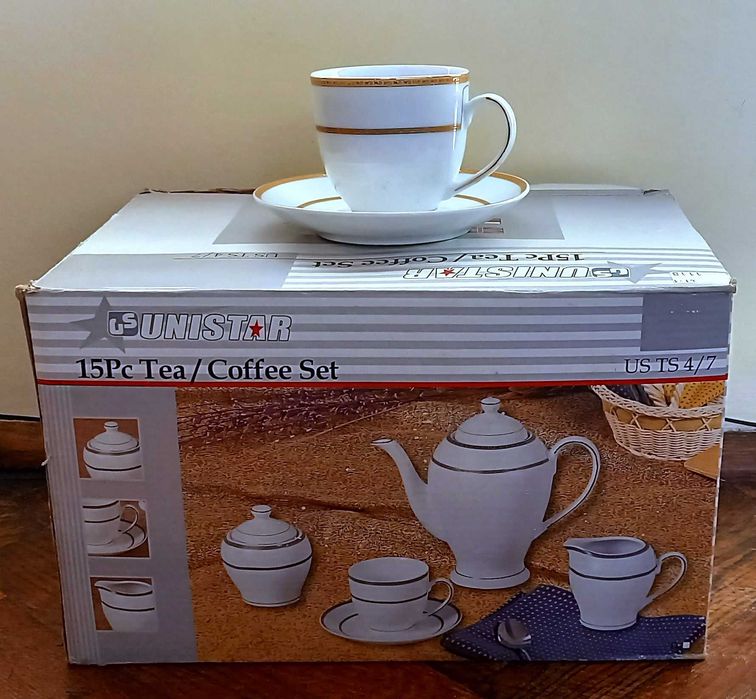 Złocony serwis do kawy i herbaty, 6 osób, 15 elementów, Nowy!