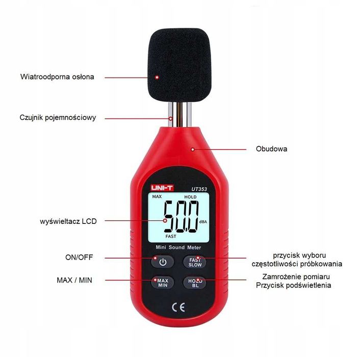 SONOMIERZ Tester Miernik dźwięku decybelomierz ZESTAW baterie UNI-T