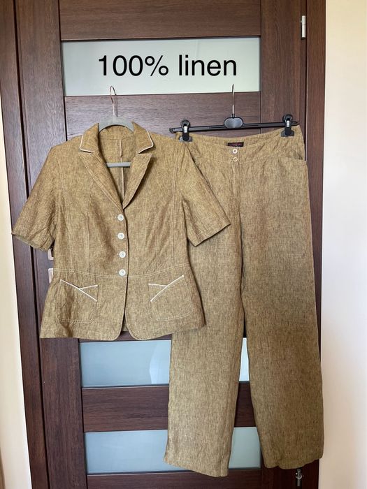 Alessandra Getex 100% len lniany garnitur komplet marynarka żakiet długie szerokie spodnie oliwkowy khaki 40 L