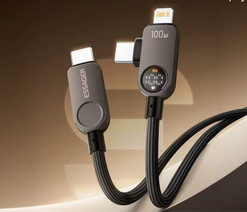 Кабель шнур быстрой зарядки 2 в 1 Essager 100W 1м дисплей type C - type C, lightning