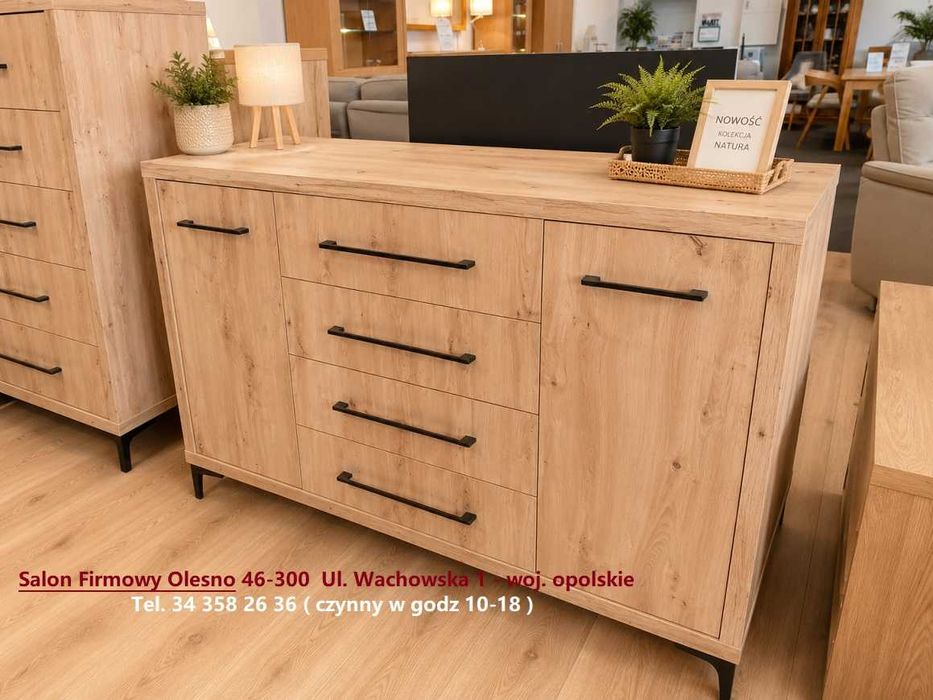 Nowa Komoda dębowa 140 cm ALTA / z Szufladami / Wysokie Nogi Czarne / -30% / Producent PYKA Olesno