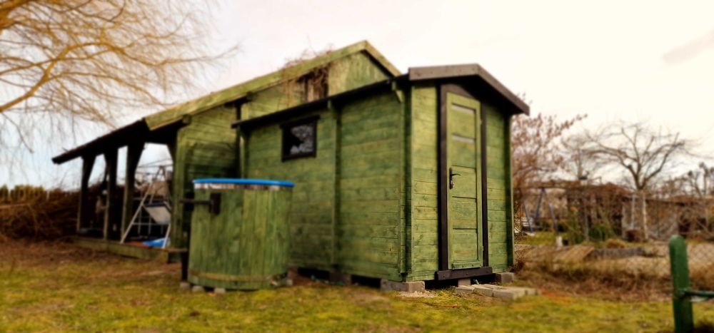 sauna ogrodowa piec harvia , opalany od wewnątrz, sauna + przedsionek