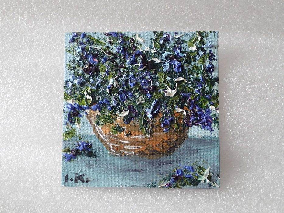 BUKIET KWIATÓW obrazek olejny 9x9cm miniatura płótno magnes unikat