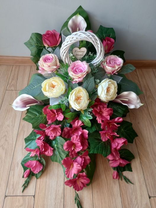 Kwiaty na grób KOMPLET stroik + bukiet do wazonu KOŁO producent