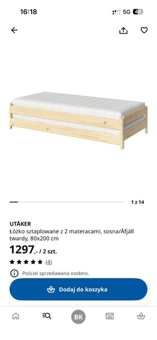 Łóżko stelaż + materac - 2 szt Ikea Utaker