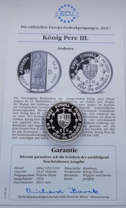 Андорра 10 дінерів 1994 р. СРІБЛО. ПРУФ. Petrus lll Митний союз ЄС.