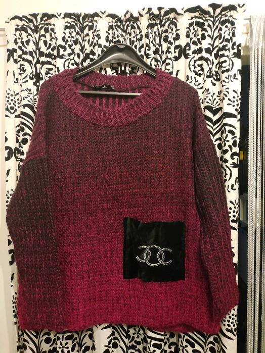 sweter z aksamitną kieszenią fuksja ombre