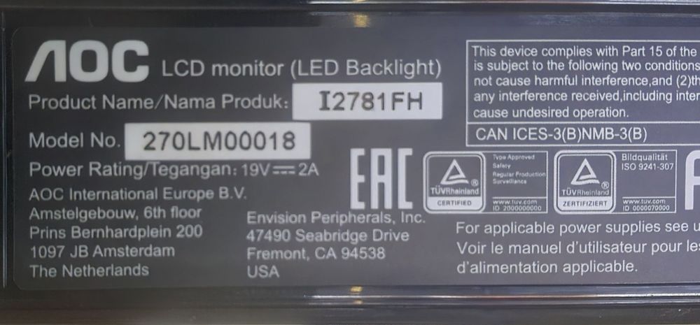 Monitor AOC 27" IPS Full HD | I2781FH | Moldura Fina