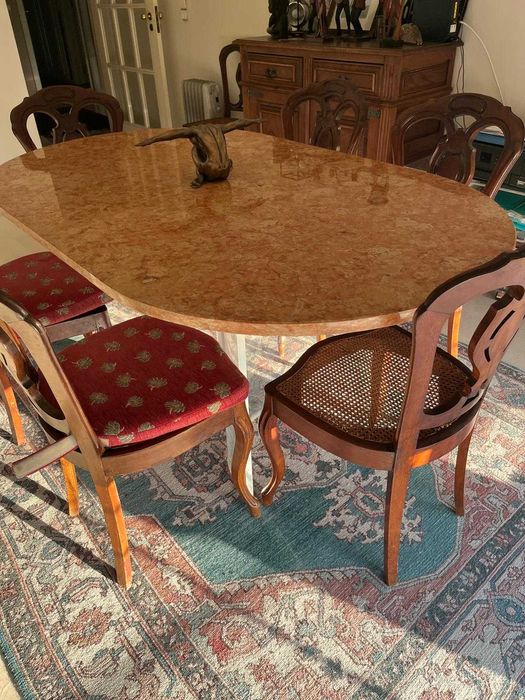 Mesa jantar marmore rosa c/ 6 cadeiras cerejeira e assento em palhinha