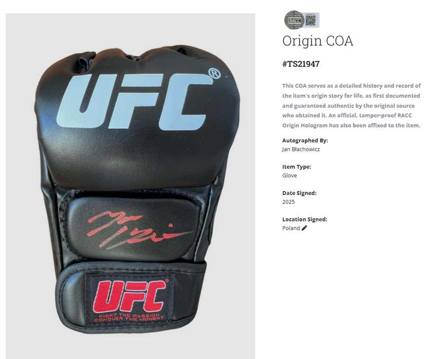Jan Błachowicz UFC MMA rękawica z autografem + certyfikat autentyczn.