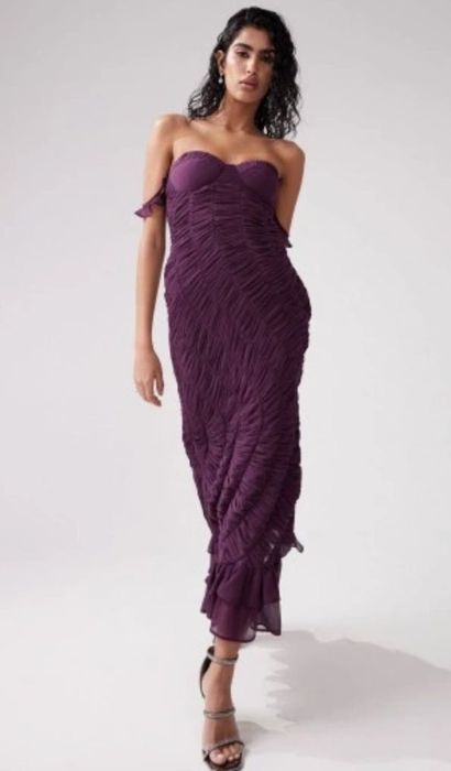 Sukienka z gorsetowa góra marszczona fioletowa midi wesele Asos M/L