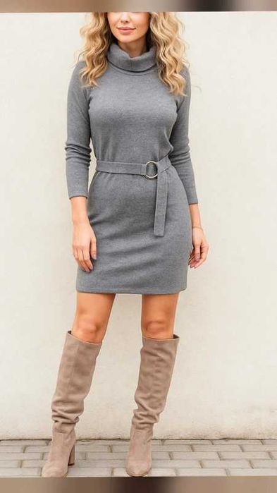 Reserved szara dzianinowa sukienka z golfem z paskiem roz.S