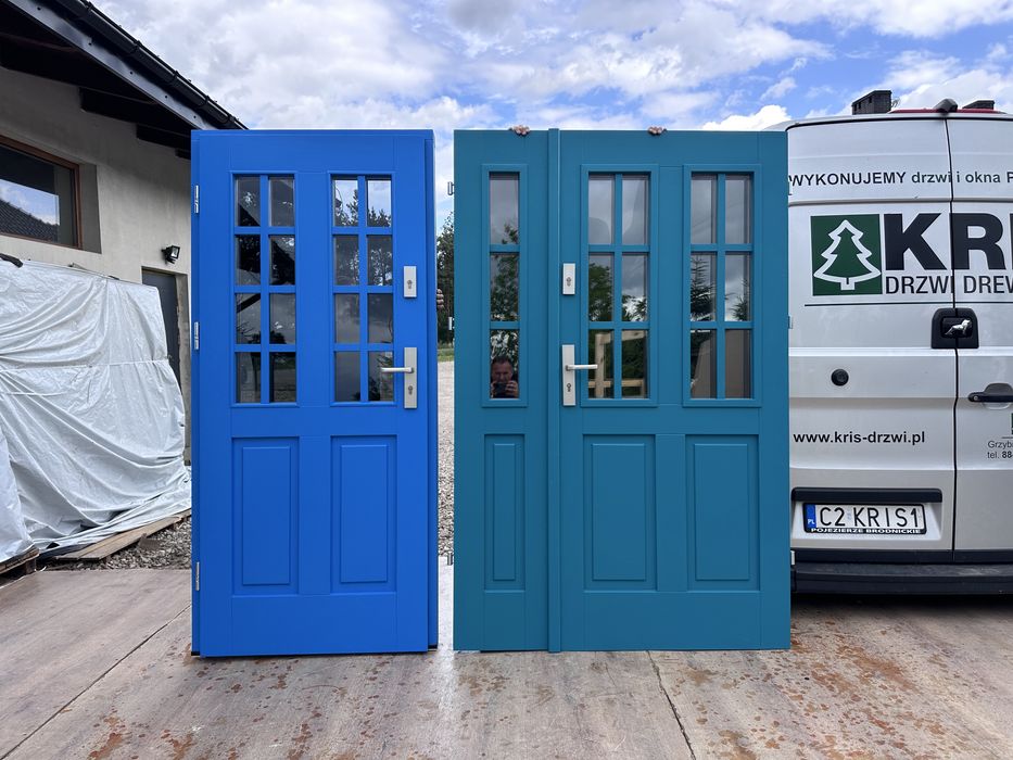 Drzwi zewnętrzne drewniane Dwuskrzydłowe 60 wzorów różne kolory