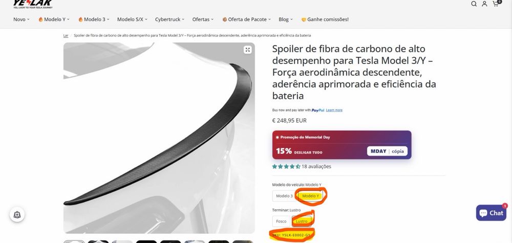 Spoiler em Fibra de Carbono para Tesla Model Y – Yeslak