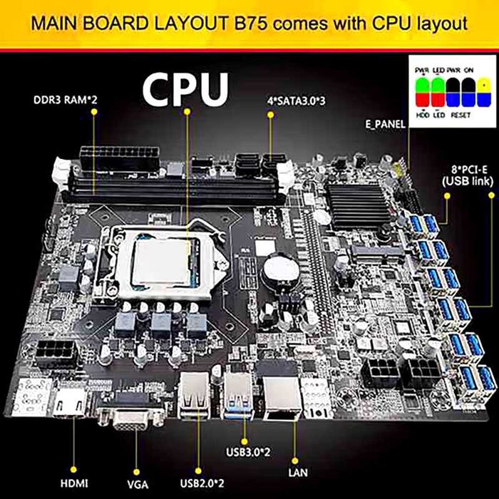 B75 12 USB3 BTC Mining Motherboard CPU+Fan+4G DDR3 RAM+120G MSATA SSD