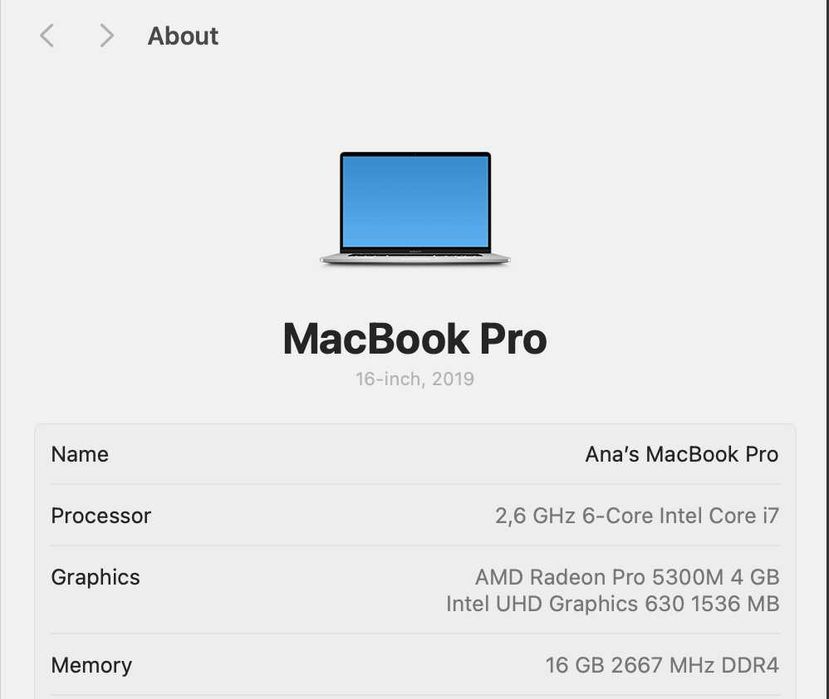 MacBook Pro 16" A2141 Touch - 2019 (i7 2.6/16GB/SSD/Radeon Pro 5300M)