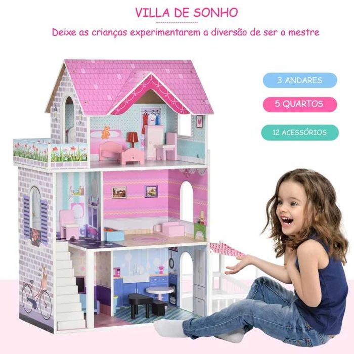 Casa de bonecas 3 andares com Pátio (inclui Mobília e acessórios)
