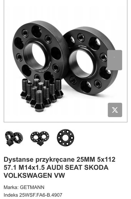 Dystanse przykręcane 25mm Getman 5x112 57.1 M14x1.5 VW AUDI SEAT SKODA