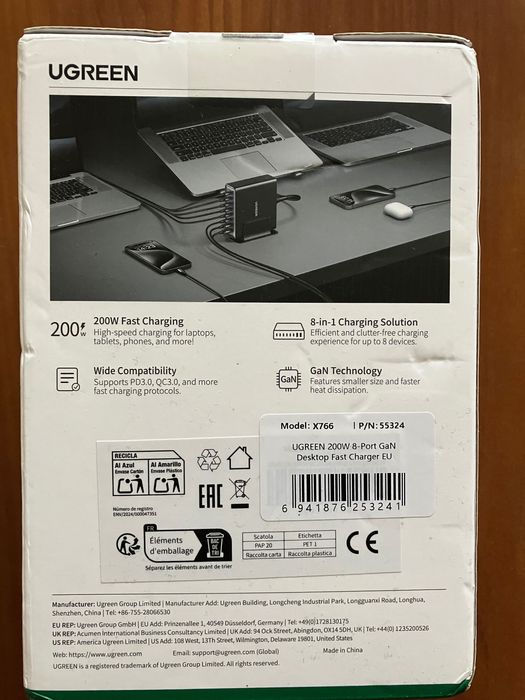Зарядна станція Ugreen 200W GaN. Desktop fast charger 8-портів. X766