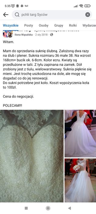 Suknia ślubna rozmiar S 36 kolor śmietankowy tiulowa